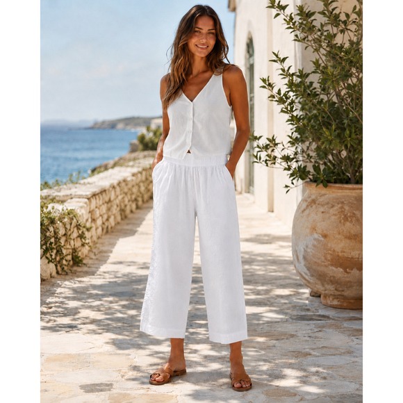 Tahari Pants - Tahari 100% Linen Wide Leg Crop Ankle Pants Elastic Waist Pockets White Small